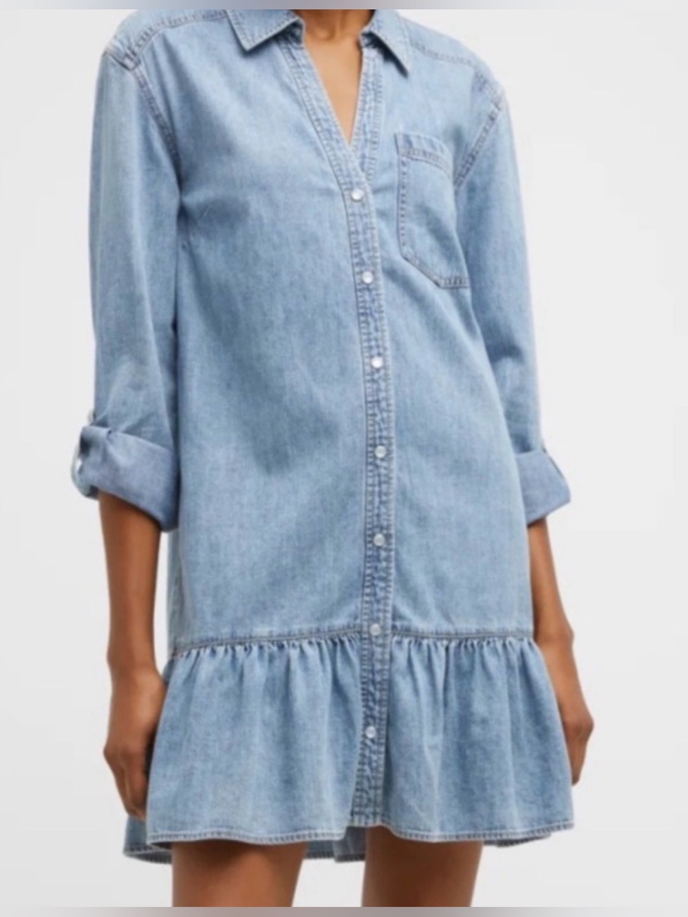 Veronica Beard Light Blue Denim Shirt Dress with Ruffle Hem